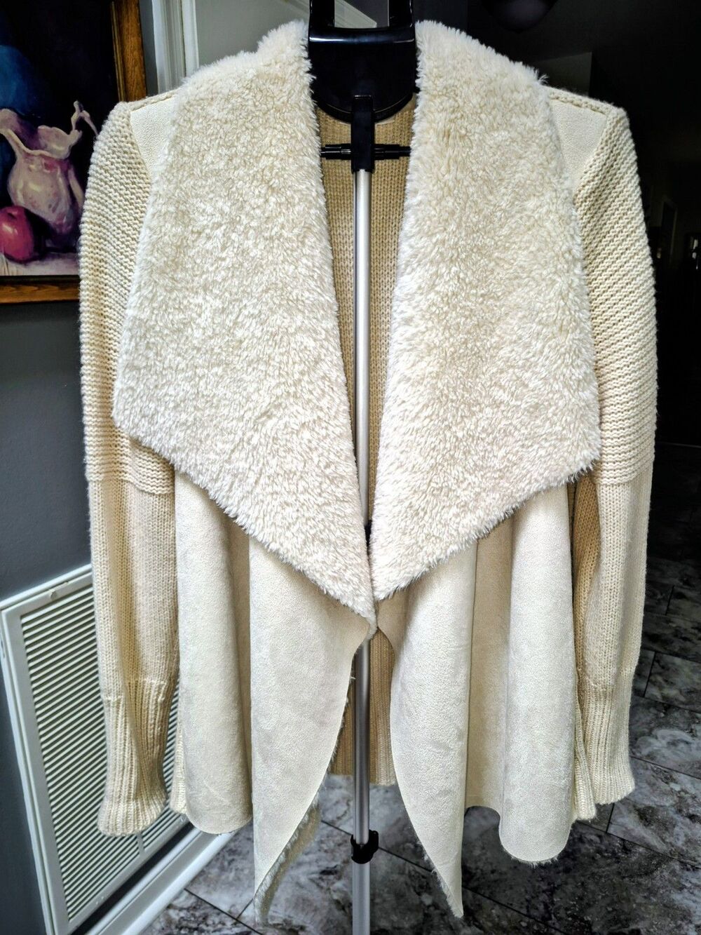 Westport Women’s Beige Open Front Faux Fur Trim Collar Cardigan Jacket L